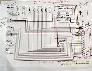 The 280Z’s fuel injection wiring schematic is very simple. This example includes my hand-printed notes and colored highlighting.