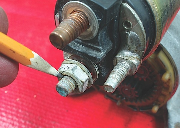 photo 5: corrosion at the lower solenoid terminal on this starter caused an intermittent “clicking,” no-cranking complaint.