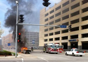 Firefighters put out a vehicle fire in Des Moines on Friday morning. / Matt Heeren / The Register